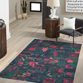Adrasos Patchwork Zwart vloerkleed - Gebloemd Wasbaar & Waterdicht