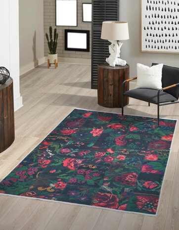 Adrasos Patchwork Zwart vloerkleed - Gebloemd Wasbaar & Waterdicht