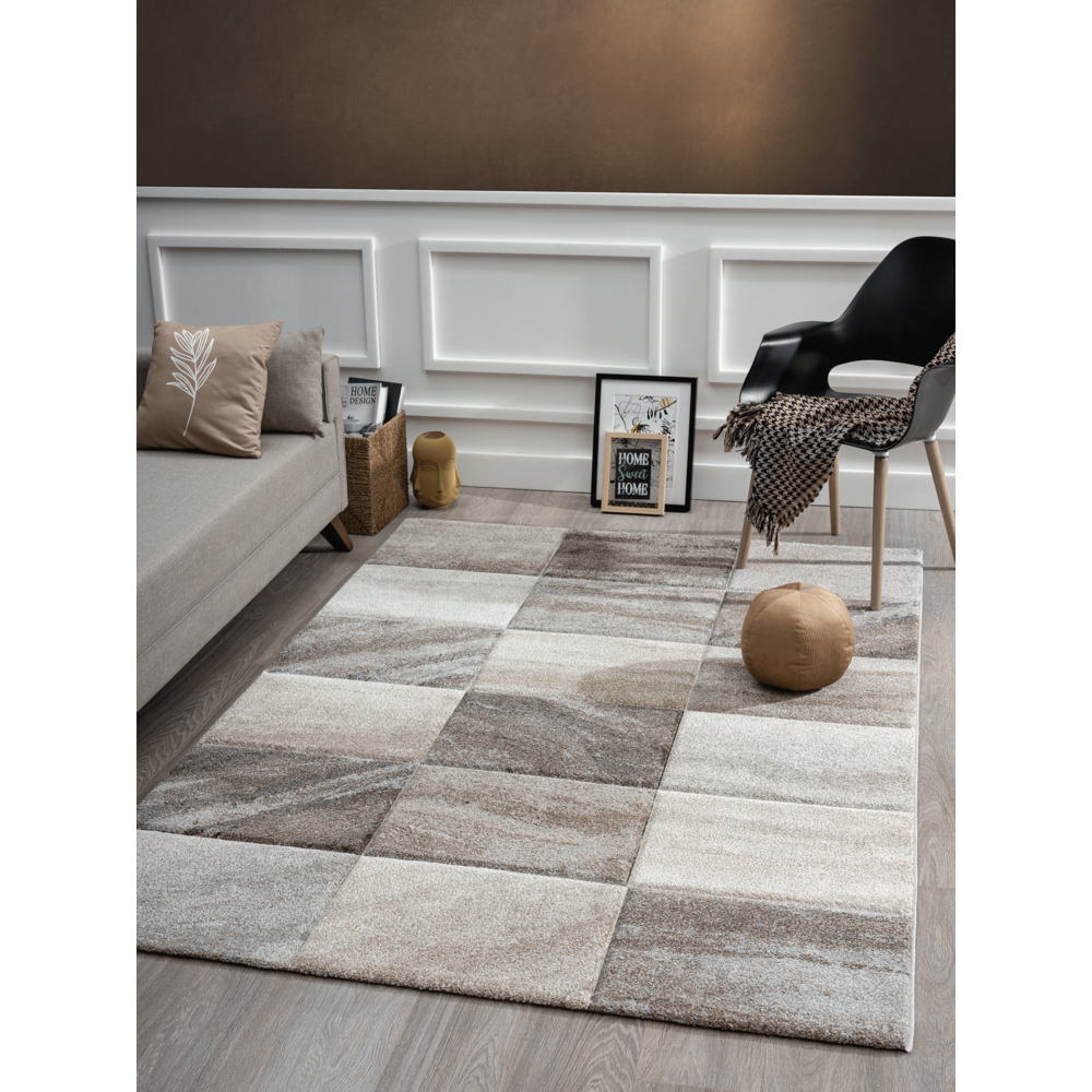 Flycarpets VERNAZZA MODERN BEIGE / GRIJS VLOERKLEED GEBLOKT