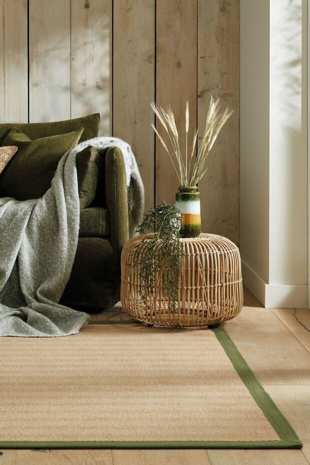 Kira vloerkleed - Jute - Laagpolig - Visgraatpatroon Modern - Naturel / Groen
