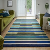 flycarpets PIANO VLOERKLEED LAAGPOLIG - 100% WOL - DRIEHOEK MODERN - GROEN / BLAUW