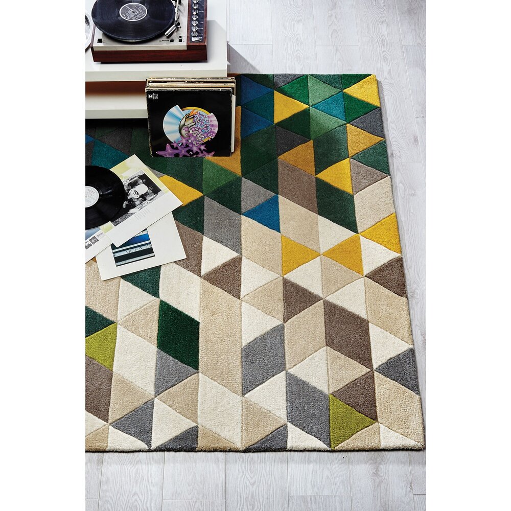 flycarpets PRISM VLOERKLEED LAAGPOLIG - 100% WOL - DRIEHOEK MODERN - GROEN / MULTI