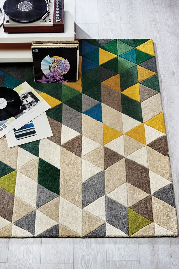 Prism vloerkleed - Laagpolig - 100% Wol - Driehoek Modern - Groen / Multi