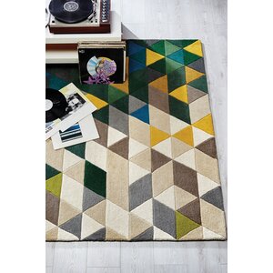 flycarpets PRISM VLOERKLEED LAAGPOLIG - 100% WOL - DRIEHOEK MODERN - GROEN / MULTI