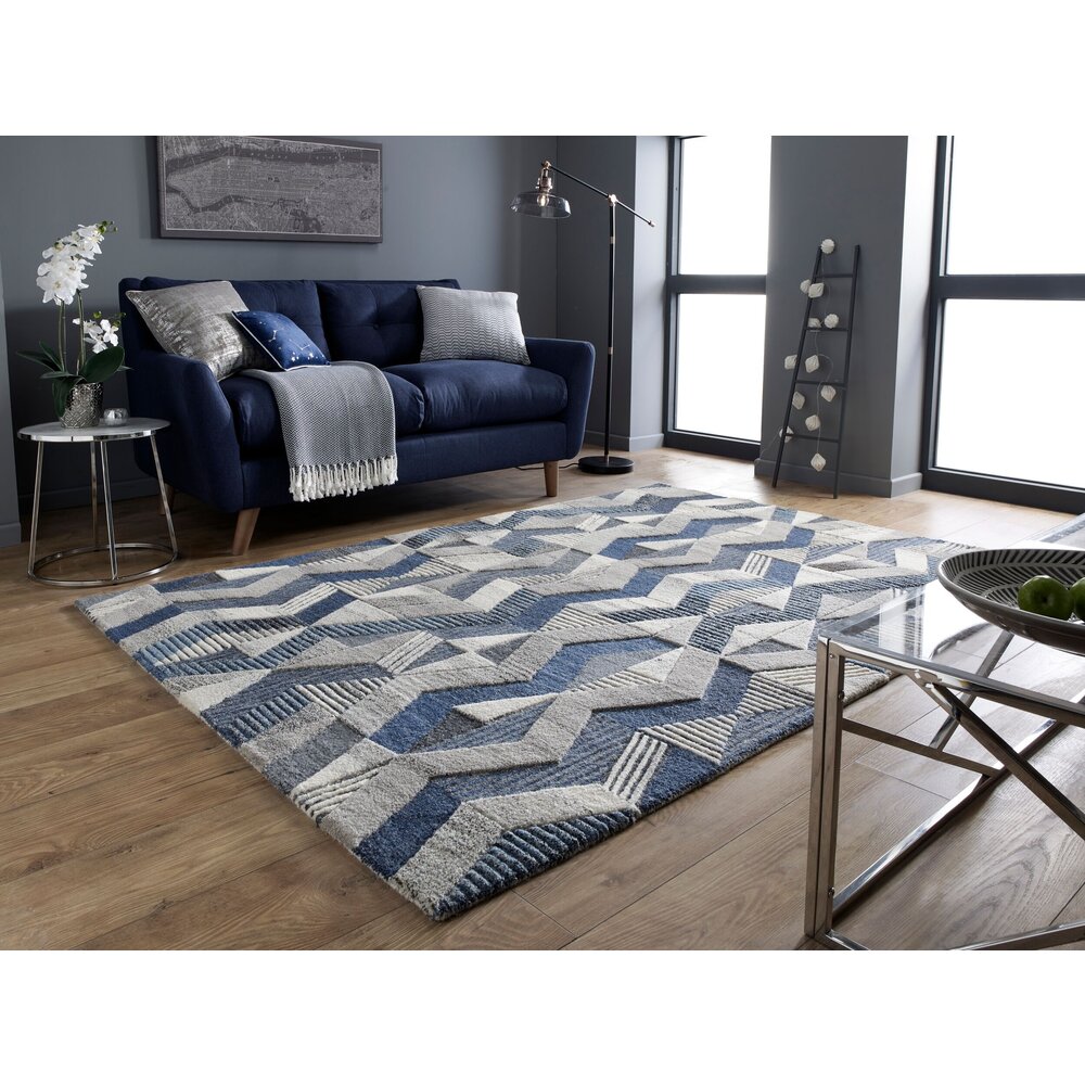 flycarpets ASHER VLOERKLEED LAAGPOLIG - 100% WOL - GEO MODERN - BLAUW