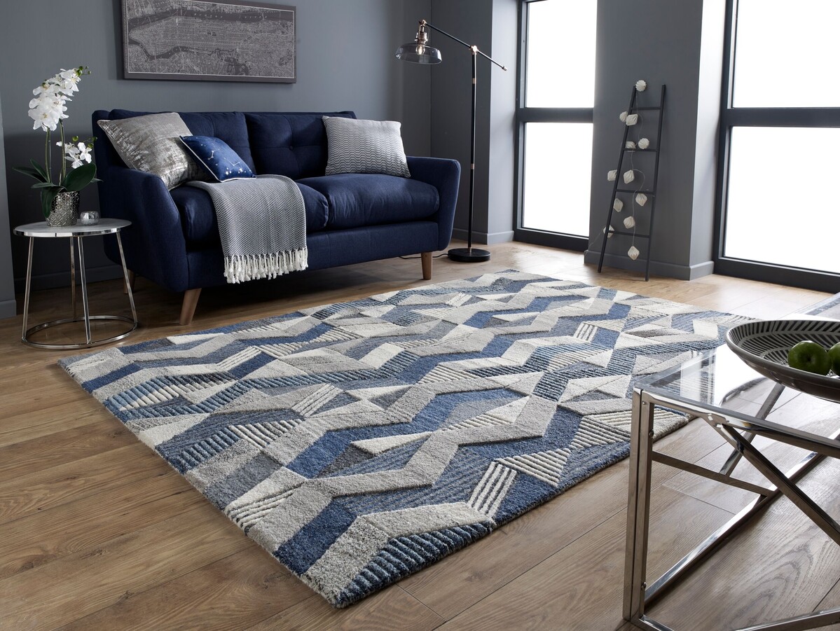 Asher vloerkleed - Laagpolig - 100% Wol - Geo Modern - Blauw Asher vloerkleed - Laagpolig - 100% Wol - Geo Modern - Blauw