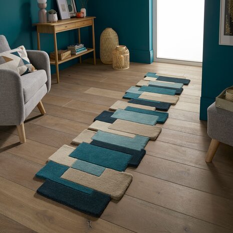 Loper Abstract Modern Stracto Collage - Organische Vorm - Petrol 60X230 Cm