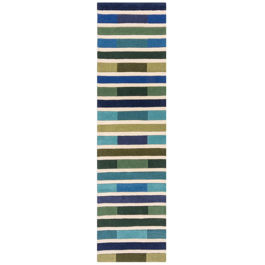 Loper - Piano Modern Laagpolig - 100% Wol - Driehoek - Groen / Blauw 60X230 Cm