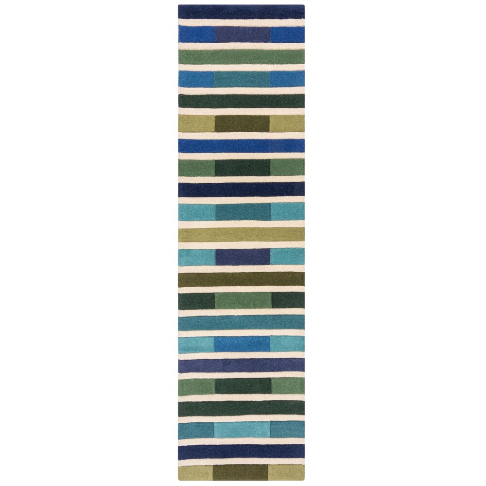 Loper - Piano Modern Laagpolig - 100% Wol - Driehoek - Groen / Blauw 60X230 Cm