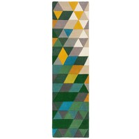 Flycarpets LOPER - PRISM MODERN LAAGPOLIG - 100% WOL - DRIEHOEK - GROEN / MULTI 60x230 CM