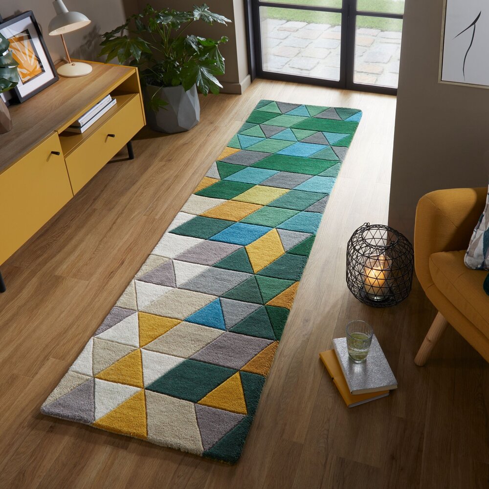 Flycarpets LOPER - PRISM MODERN LAAGPOLIG - 100% WOL - DRIEHOEK - GROEN / MULTI 60x230 CM