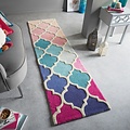 Loper - Reverie Modern Laagpolig - 100% Wol - Barok Design - Roze / Blauw 60X230 Cm