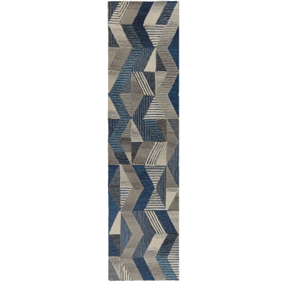 Loper - Asher Modern Laagpolig - 100% Wol - Geo - Blauw 60X230 Cm