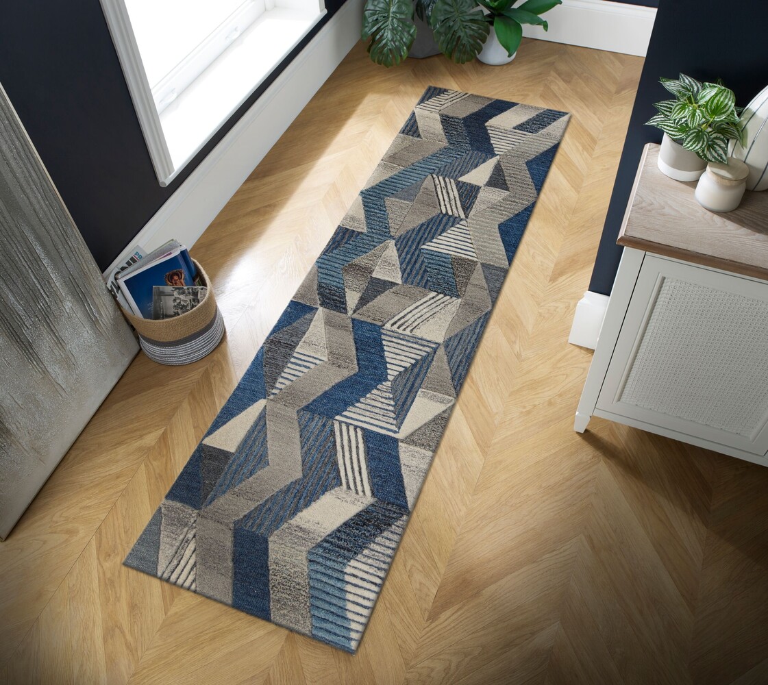 Loper - Asher Modern Laagpolig - 100% Wol - Geo - Blauw 60X230 Cm