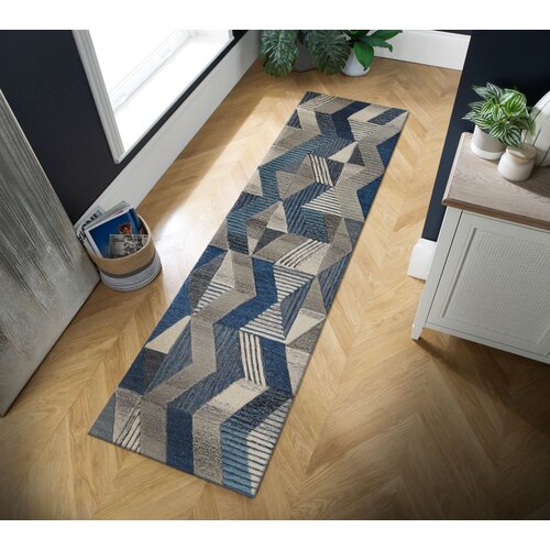 LOPER - ASHER MODERN LAAGPOLIG - 100% WOL - GEO - BLAUW 60x230 CM