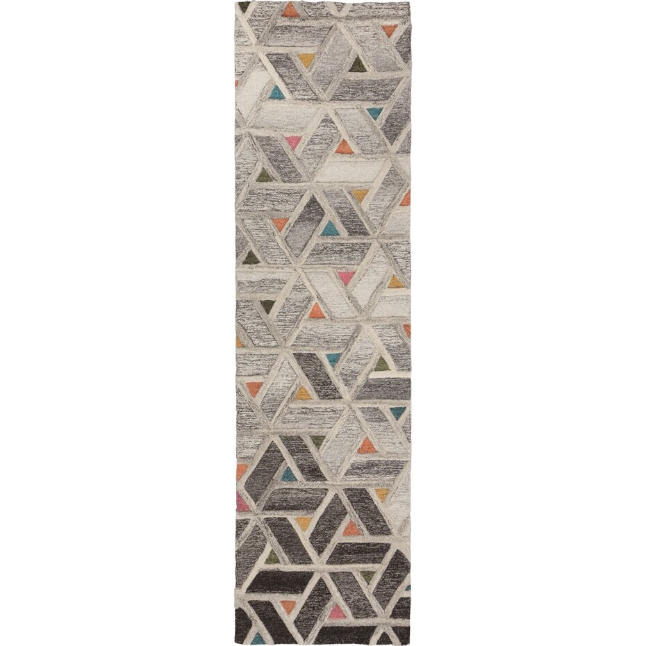 Loper - River Modern Laagpolig - 100% Wol - Geo - Grijs / Multi 60X230 Cm Loper - River Modern Laagpolig - 100% Wol - Geo - Grijs / Multi 60X230 Cm