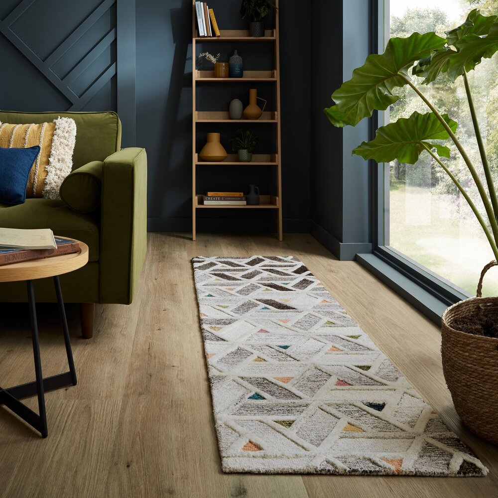 Flycarpets LOPER - RIVER MODERN LAAGPOLIG - 100% WOL - GEO - GRIJS / MULTI 60x230 CM