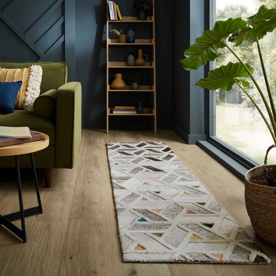 Loper - River Modern Laagpolig - 100% Wol - Geo - Grijs / Multi 60X230 Cm Loper - River Modern Laagpolig - 100% Wol - Geo - Grijs / Multi 60X230 Cm
