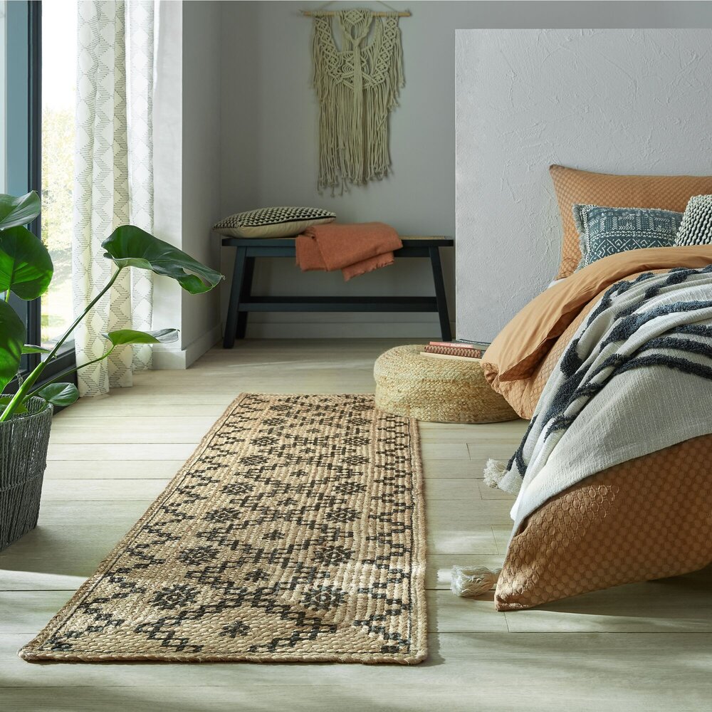 Flycarpets LOPER - ROWEN PATTERNED MODERN LAAGPOLIG - JUTE - NATUREL / BEIGE / ZWART 60x230 CM