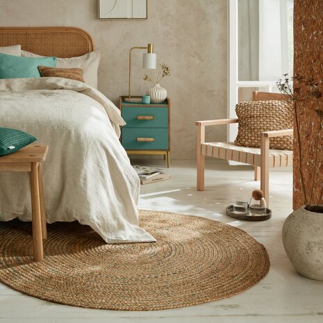 Rond Jute vloerkleed - Capri Naturel/Blauw