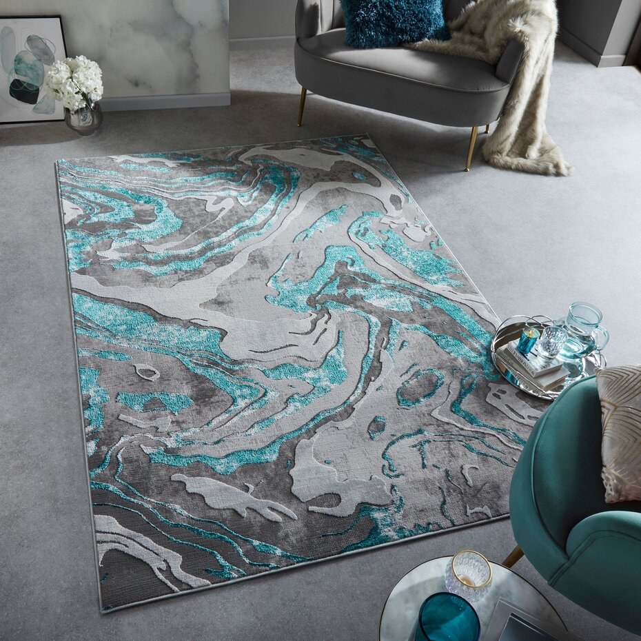 Modern vloerkleed - Marbled Grijs/Turquoise