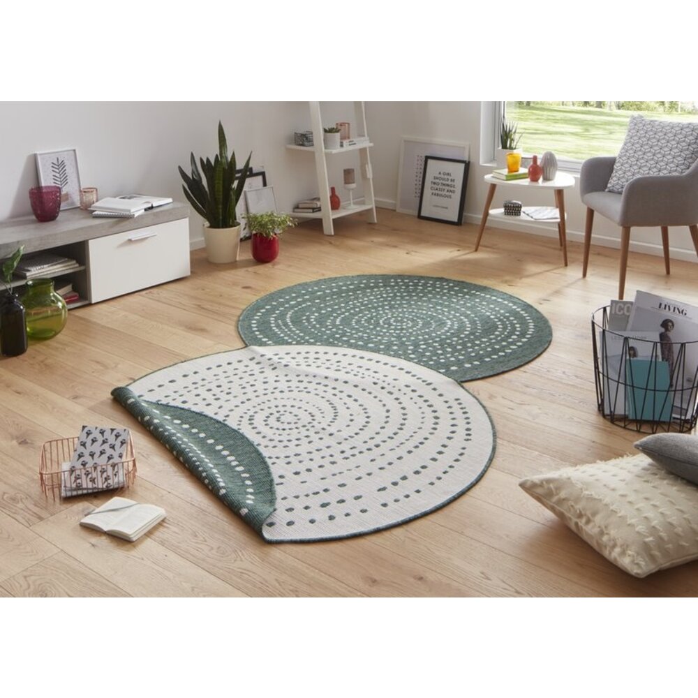 Flycarpets ROND BINNEN & BUITEN VLOERKLEED - BALI GROEN/CREME OMKEERBAAR