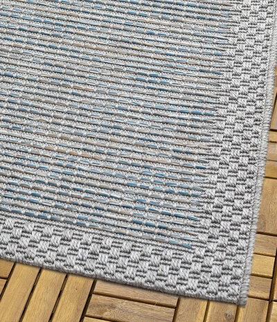 Cyrene Laagpolig Kader Turquoise / Grijs vloerkleed - Indoor En Outdoor