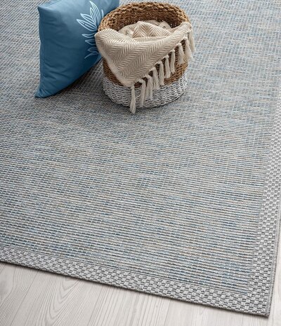 Cyrene Laagpolig Kader Turquoise / Grijs vloerkleed - Indoor En Outdoor