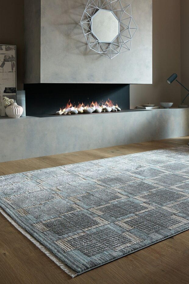 Laagpolig Modern vloerkleed - Evelyn Geblokt - Grijs / Beige / Blauw
