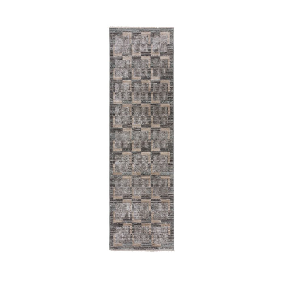 Loper - Laagpolig Modern vloerkleed - Evelyn Geblokt - Grijs / Beige / Blauw
