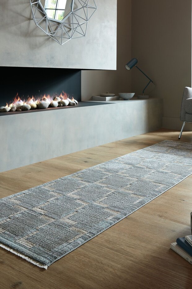 Loper - Laagpolig Modern vloerkleed - Evelyn Geblokt - Grijs / Beige / Blauw