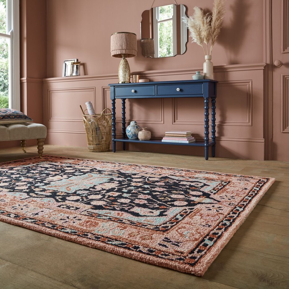Laagpolig vloerkleed Blossom - Klassiek - Roze / Zwart