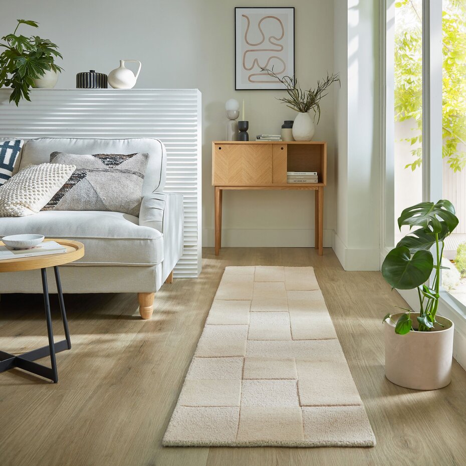Loper - Laagpolig vloerkleed Checkerboard - Naturel /Creme