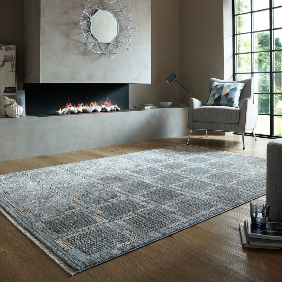 Laagpolig Modern vloerkleed - Evelyn Geblokt - Grijs / Beige / Blauw