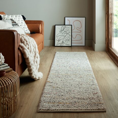Loper - Minerals Uni vloerkleed - Laagpolig - Wol - Bolletjes Modern - Zwart / Wit