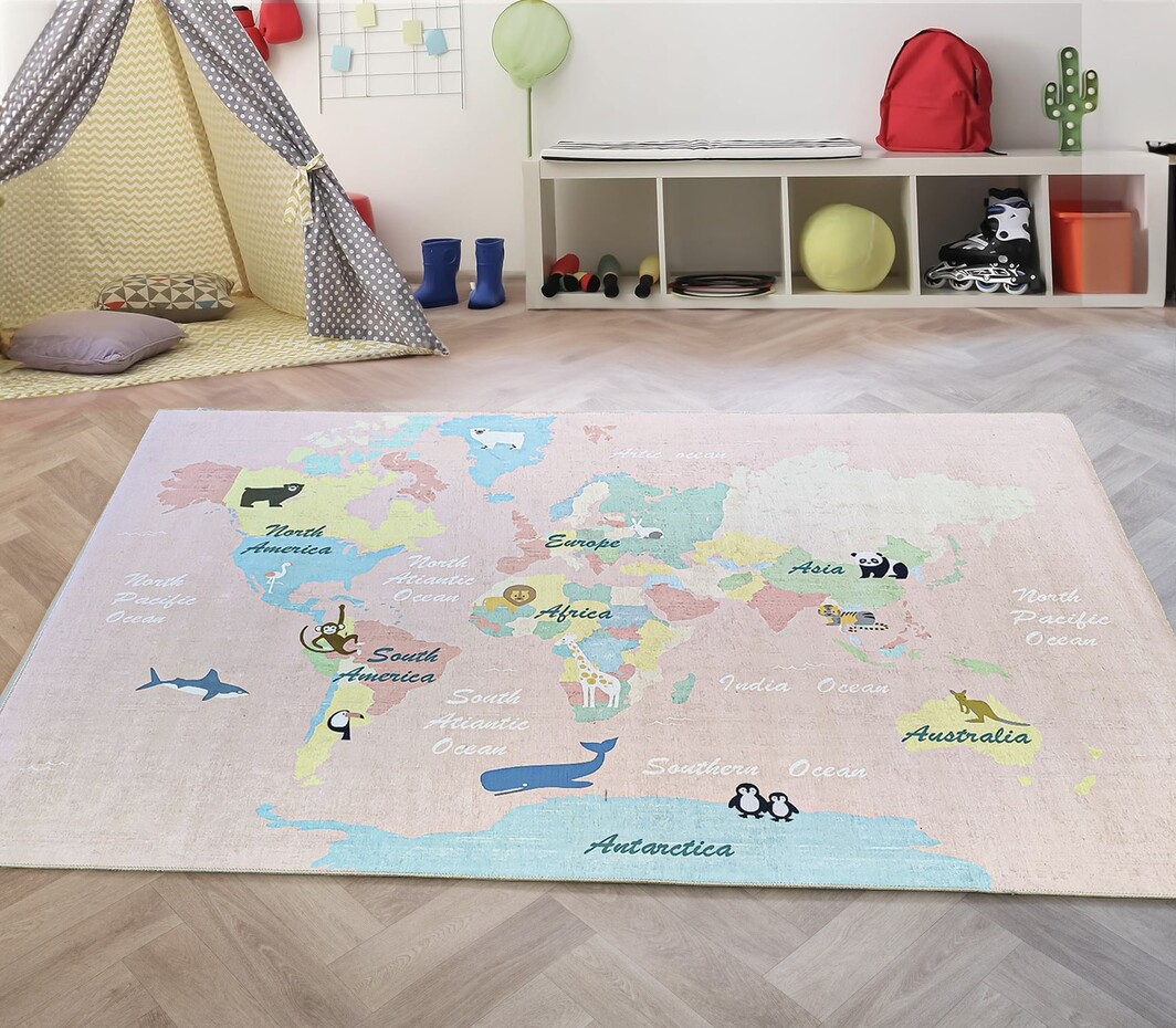Kids Speelkleed Kinderkamer Roze vloerkleed - Wereldkaart