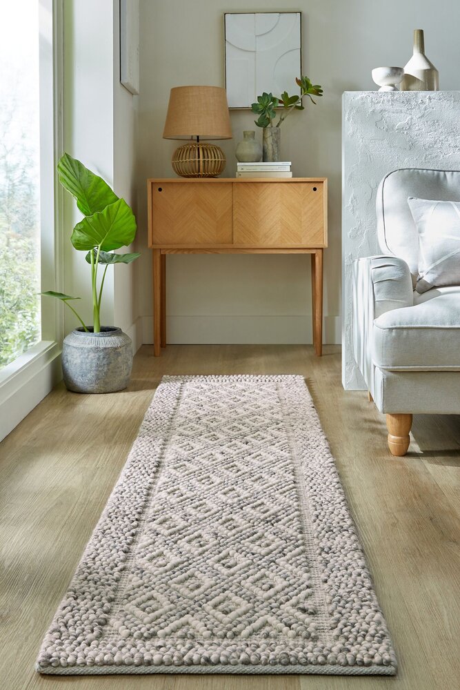 Loper - Minerals Diamond vloerkleed - Laagpolig - Wol - Bolletjes Designer Modern - Grijs