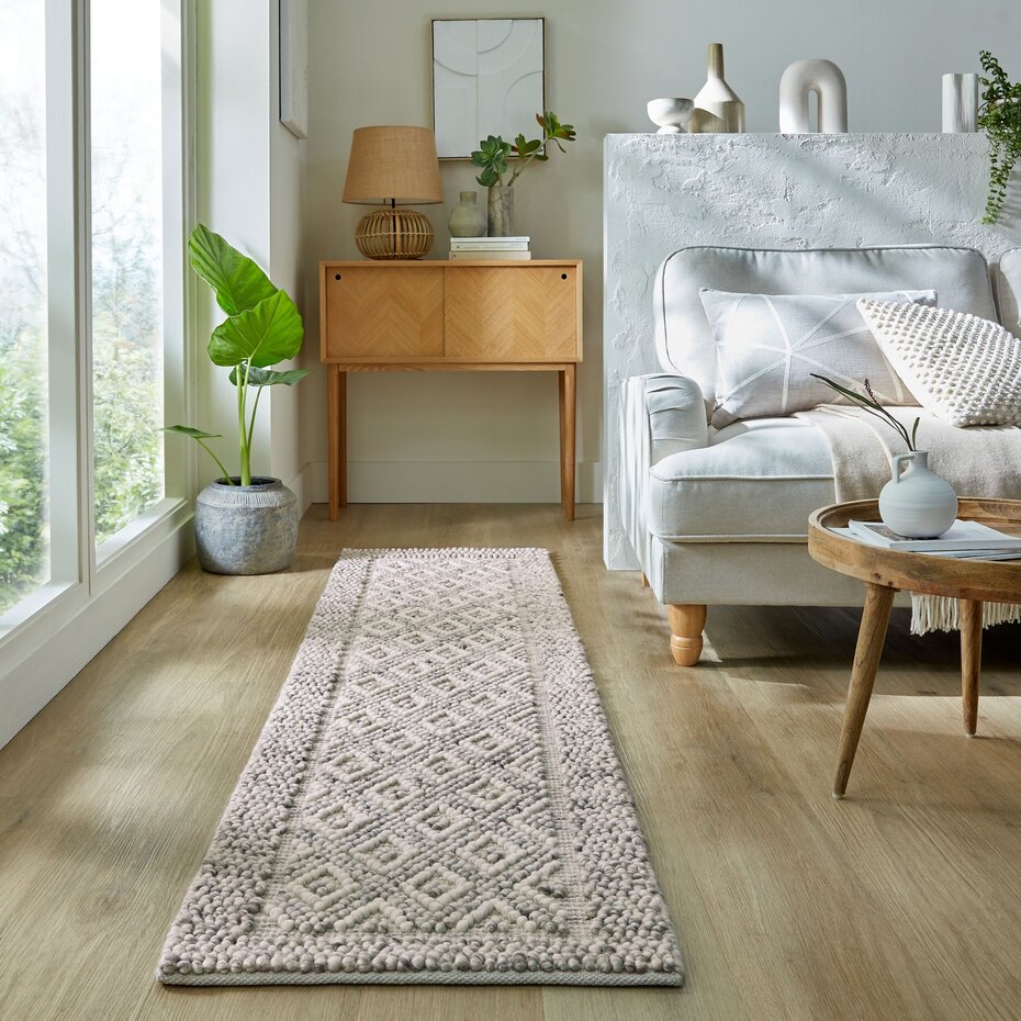 Loper - Minerals Diamond vloerkleed - Laagpolig - Wol - Bolletjes Designer Modern - Grijs