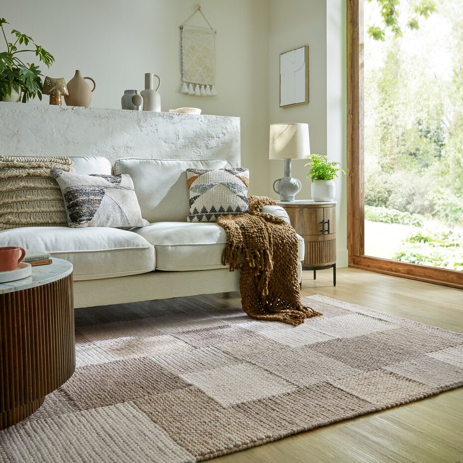 Minerals Patchwork vloerkleed - Laagpolig - Wol - Bolletjes Geblokt Modern - Beige / Naturel