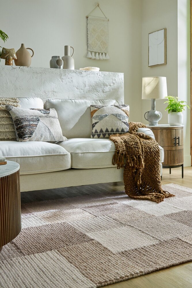 Minerals Patchwork vloerkleed - Laagpolig - Wol - Bolletjes Geblokt Modern - Beige / Naturel