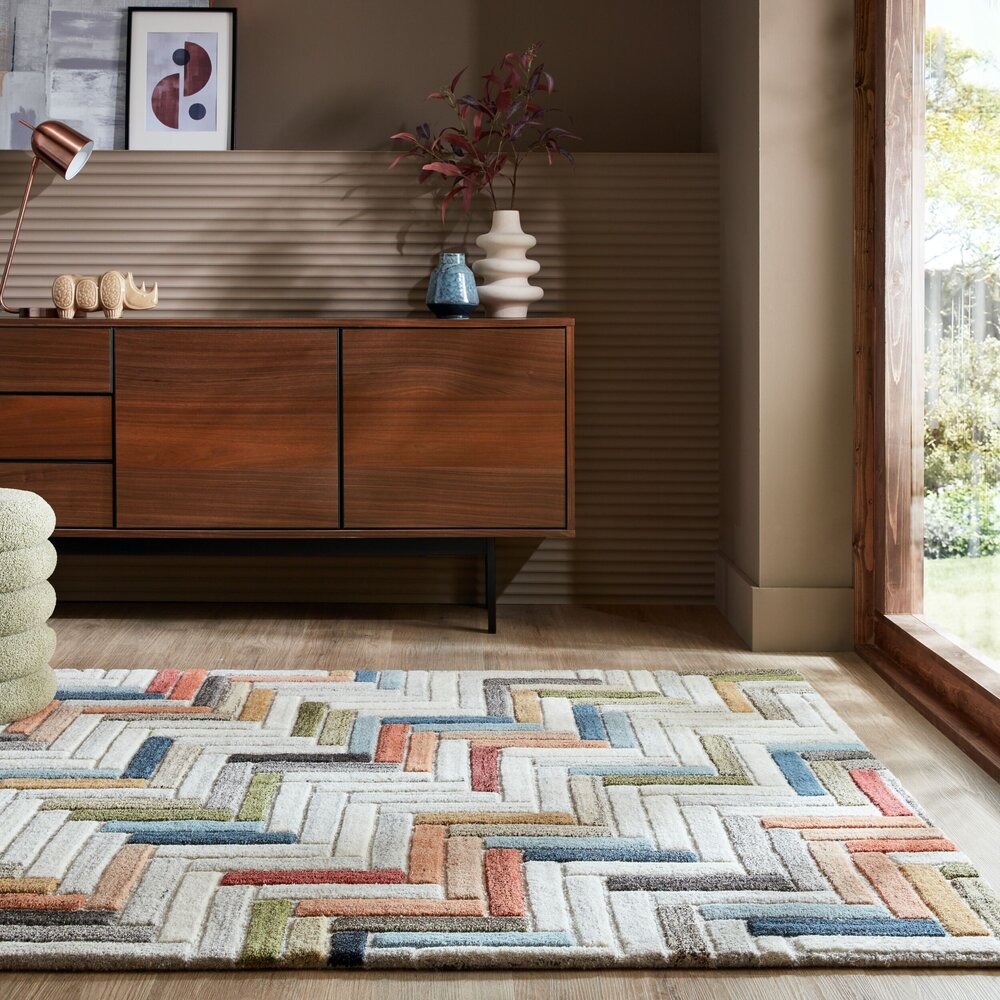 Russo vloerkleed - Laagpolig - 100% Wol - Geo Modern - Multi Russo vloerkleed - Laagpolig - 100% Wol - Geo Modern - Multi