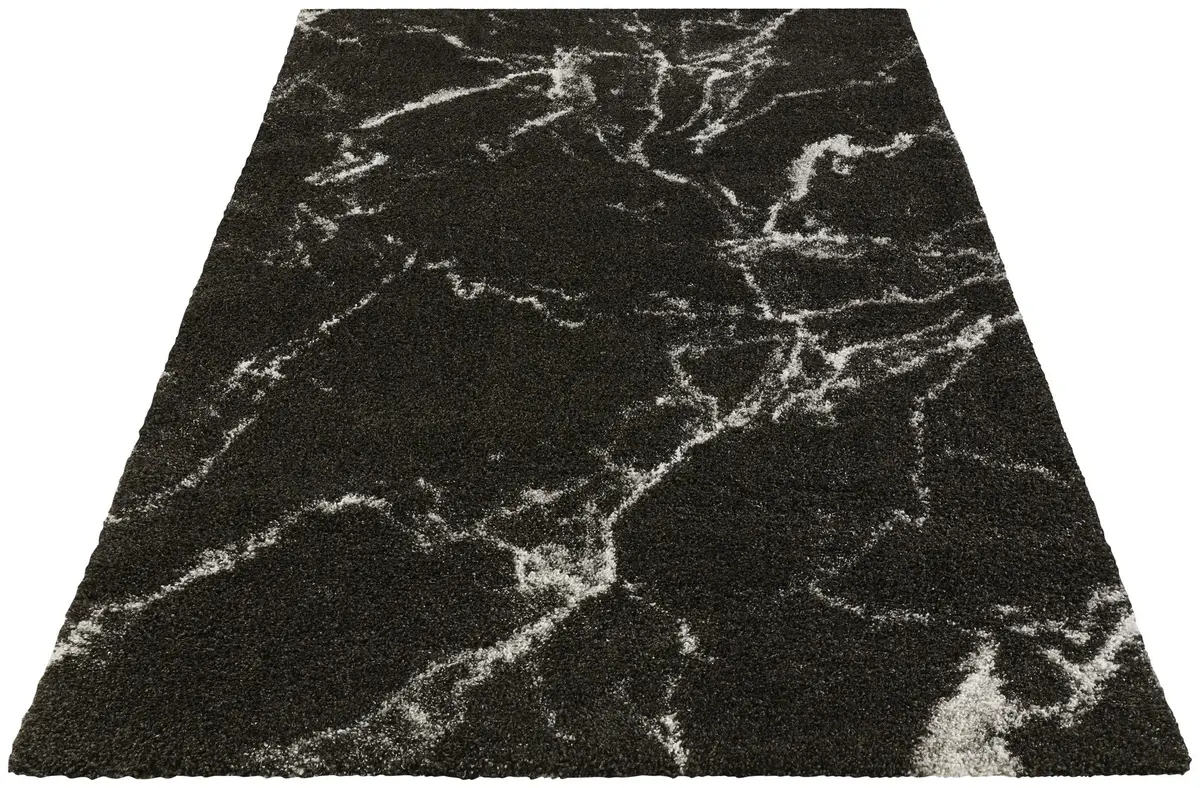 Hoogpolig vloerkleed - Marmer Design - Zwart / Crème