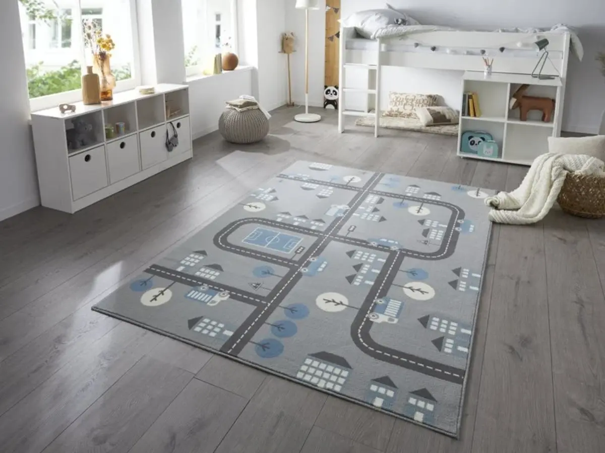 Kindervloerkleed - Adventures Stad Design Grijs/Blauw