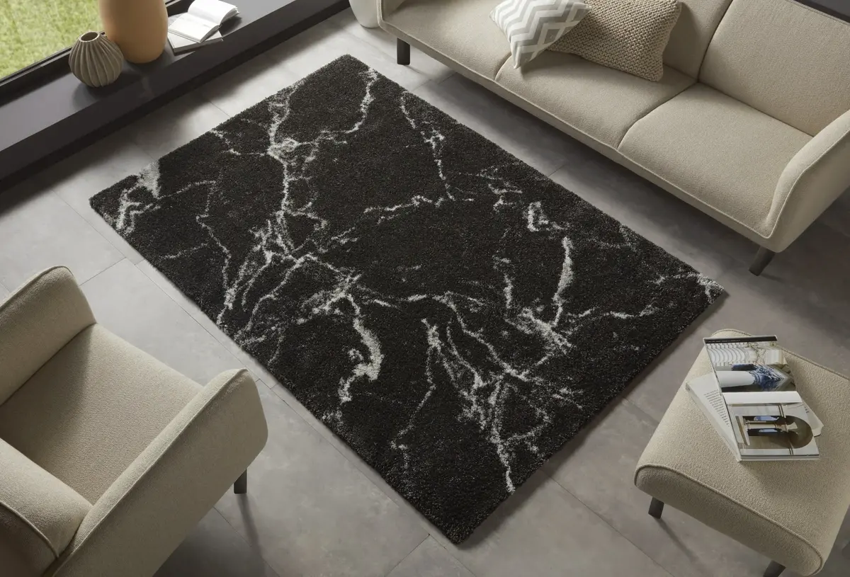 Hoogpolig vloerkleed - Marmer Design - Zwart / Crème