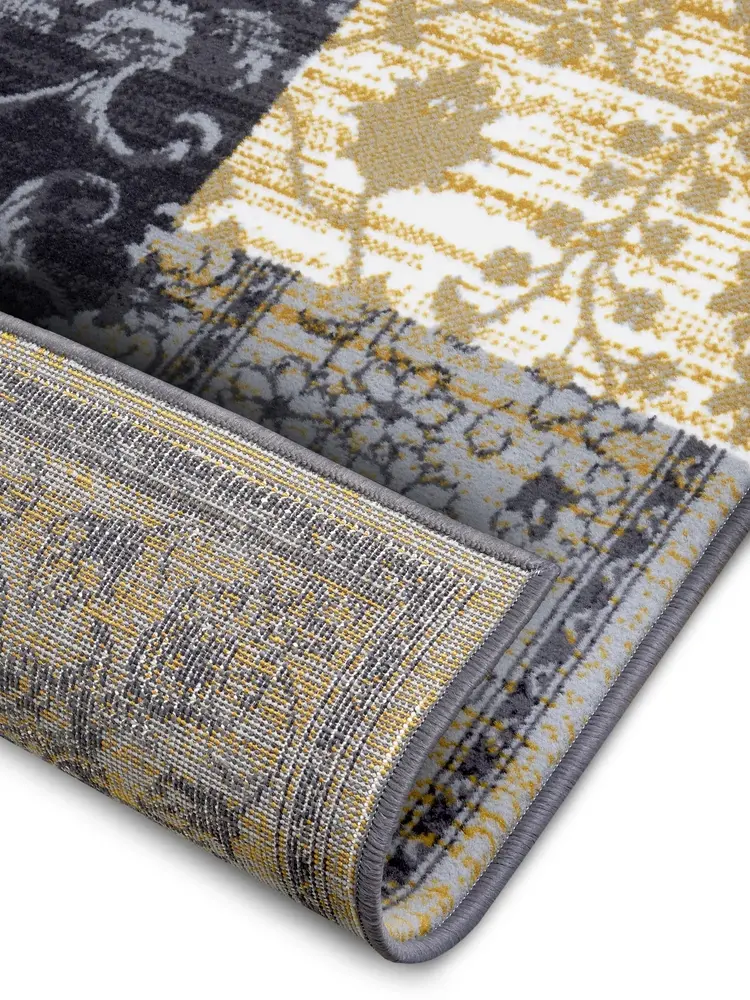 Vintage Patchwork Laagpolig vloerkleed - Gloria - Grijs / Mosterd