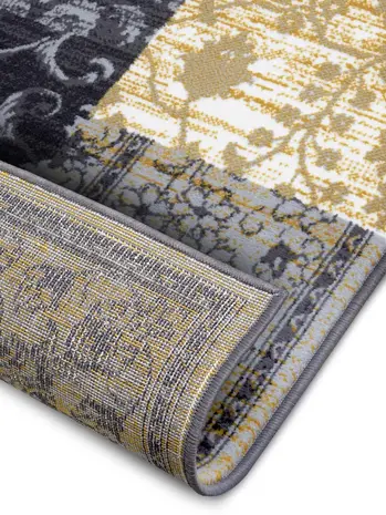 Vintage Patchwork Laagpolig vloerkleed - Gloria - Grijs / Mosterd