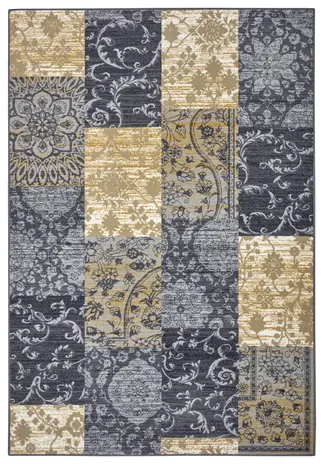 Vintage Patchwork Laagpolig vloerkleed - Gloria - Grijs / Mosterd