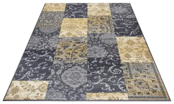 Vintage Patchwork Laagpolig vloerkleed - Gloria - Grijs / Mosterd