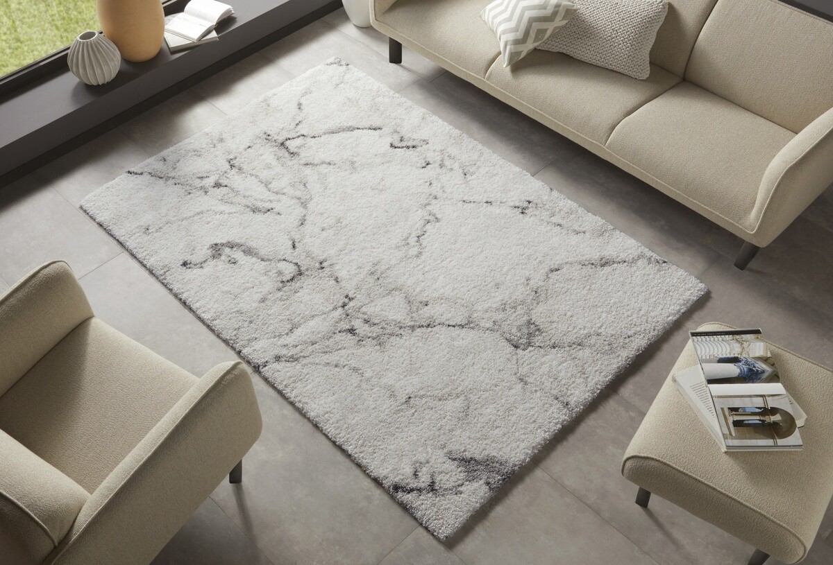 Hoogpolig vloerkleed - Marmer Design - Crème / Grijs