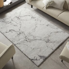 Hoogpolig vloerkleed - Marmer Design - Crème / Grijs